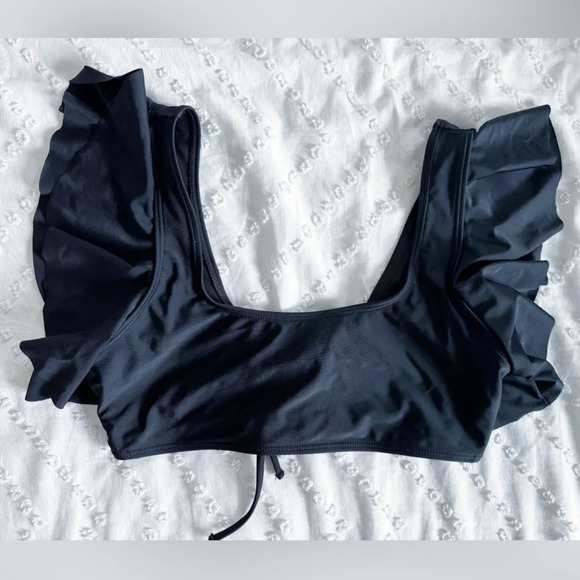 Flutter Sleeve Flounce Bikini Top Size Large Black Removable Padding Swim - Picture 1 of 3